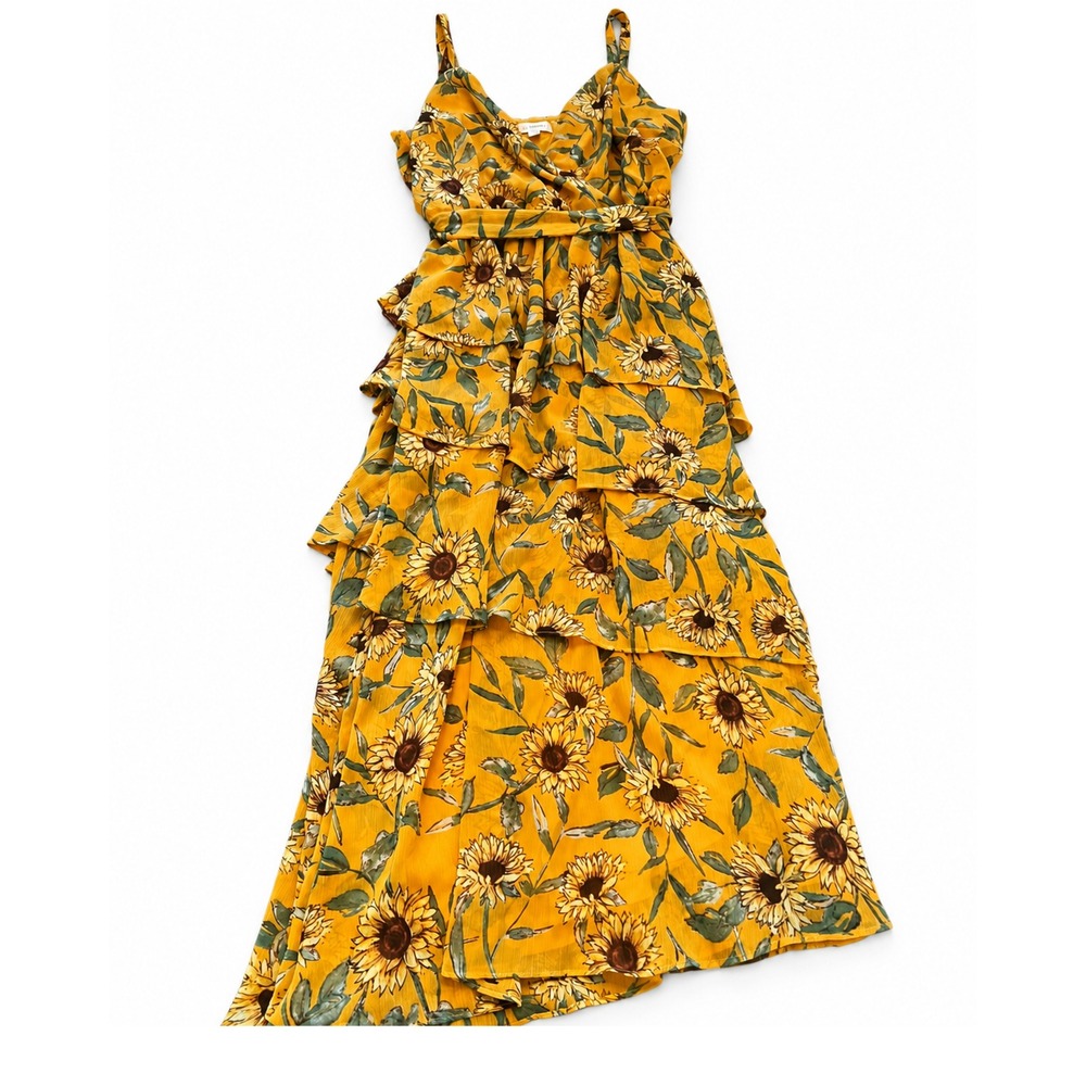 LC Lauren Conrad Yellow Sunflower Floral Tiered Ruffle Dress M Strappy Tie Waist
